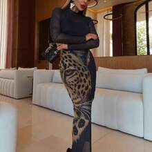 Fashionable Women's Sexy Rhinestone Mesh Print Dress, Elegant & Graceful - Black - View 2