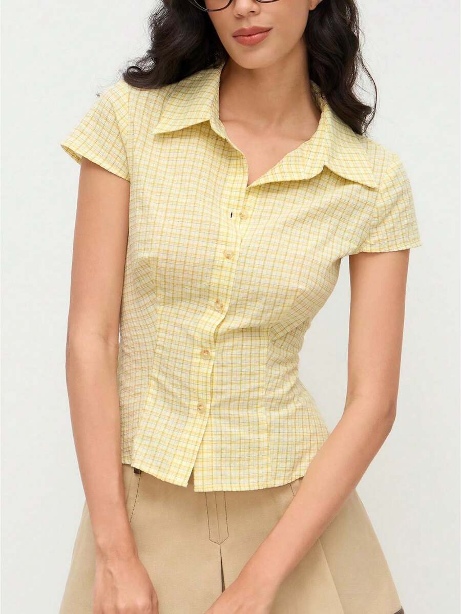 Women Short Sleeve Plaid Button Up Shirt Y2K Button Down Collared Blouse Summer Vintage Slim Fit Gingham Top - Yellow - View 1