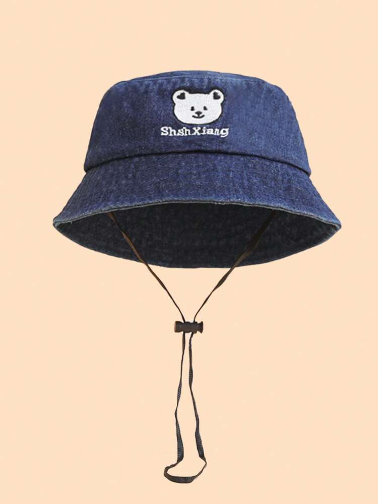 1 pieza Sombrero de cubo de mezclilla con bordado de oso para bebé en verano, ligero, adorable y con estilo vintage, con correa de ajustable, adecuado para niños pequeños de 2 a 3 años para uso en exteriores, viajes y juegos, protección solar - Multicolor - Añade 11