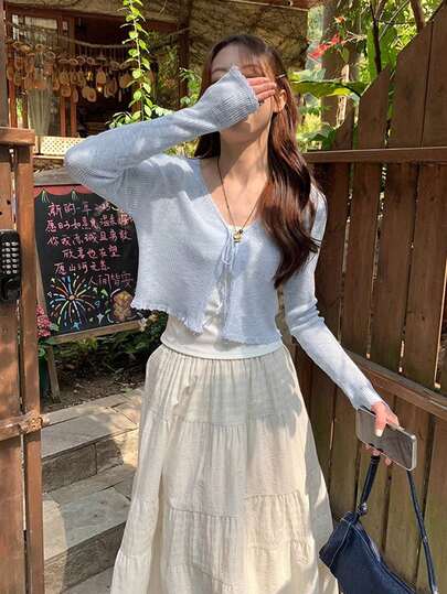 女士纯色甜美蕾丝V领系带短款开衫