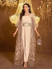 Đầm dạ hội dài tay đính sequin phối ren thắt eo SUPGIR [Họa tiết ngẫu nhiên] dành cho nữ - Rượu sâm banh - Xem 4