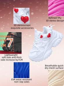 增高7厘米时尚休闲厚底运动鞋,女款,可拆卸3D爱心装饰吊坠,适合情人节、户外活动、四季穿着,EVA厚底,系带设计,轻便,减震,防滑,透气网面,圆头,休闲,校园,日常,约会,运动,办公,厚底运动鞋 - 白色 - 查看 6