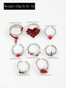 8pcs Punk Style Red Drip Oil Rings Set, Lava Heart Moon Faux Gemstone Rhinestone Rings For Women - Silver - View 6