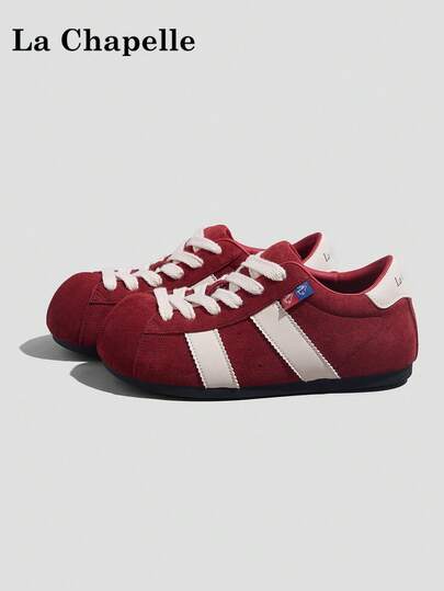 1 Pair La Chapelle Women's Thick Sole Lace-Up Soft Bottom Casual Shoes, Low-Top Outdoor Flat Shoes, Round Toe Low Heel Non-Slip Solid Color Elegant Soft Bottom Hiking Shoes Suitable For Students Graduation Photos, Women Low-Top Leather Sports Skateboard Shoes