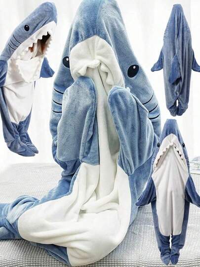 1pc Shark Sleeping Bag Blanket With Tail, Wearable Flannel Blanket, Thick & Warm Homewear Blanket, Adult Cartoon Shark Sleeping Bag Costume, Shark Lover Gift, Shark Homewear Pajamas, Multifunctional Blanket Bathroom Decor
