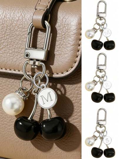 Fashion High Quality Cute Cherry Black Butterfly Bag Charm- Cherry Key Fashion Backpack Pendant Decoration,Keychain, Bag Charm Silvery Pendant A-Z Letter ,Headphone Pendant, Car Charm, Decorative Charm,Cherry Keychain,Bag Accessiores,With Clip For Bag, Sparkling Resin & Metal Accessory For Purses And Bags For Wome,Backpack Accessories, Valentine's Day Gifts, Ramadan Gifts, Mother's Day Gifts, Birthday Gifts