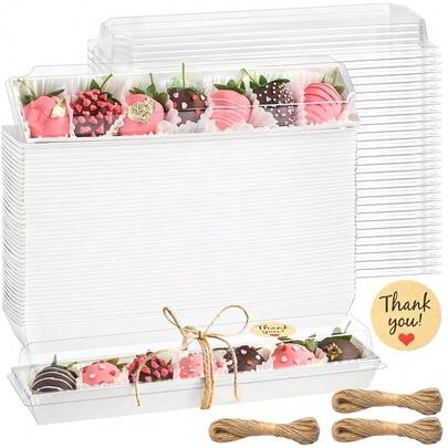 50 Pack Strawberry Boxes With Clear Lids, Disposable Macaron Boxes To Go Dessert Containers For Packaging Chocolate Covered Strawberries, Cookies, Cocoass Bombs, Truffles