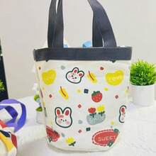 可爱涂鸦水桶包卡通手提袋，INS印花圆筒帆布午餐包，女孩手提午餐盒包 - A - 查看 9