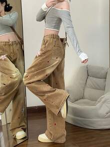 星形贴花宽松直筒牛仔裤，女士款，百搭显瘦 - 摩卡棕 - 查看 8