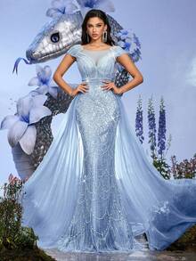 Robe de soirée élégante et formelle pour femmes avec sequins et perles, robe de bal maxi sirène scintillante, dos lacé, pour invitée de mariage, remise des diplômes, banquet et cocktail - Bleu ciel - Voir 7