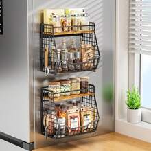 1/2 pièces, étagère magnétique pour réfrigérateur, porte-gobelets, panier de rangement sans trou, étagère à épices, étagère de rangement flottante, boîte de rangement en métal pliable, accessoires de rangement - Noir - Voir 8