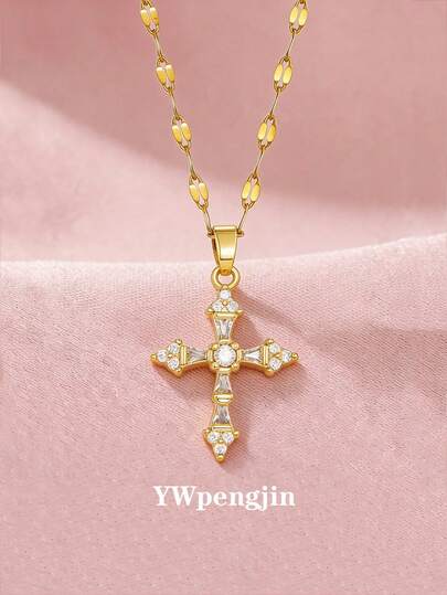 1pc European And American Fashion Popular Cross Copper & Zirconia Pendant Stainless Steel Chain Necklace For Girls Vintage Cross Necklace Religious Christian Jewelry Accessory For Personal Prayer Gift