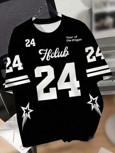 KOVSEE 男士24号数字星形印花短袖T恤，户外运动休闲日常跑步篮球足球透气速干健身T恤，单件装，节日礼物送给男友黑色夏季款