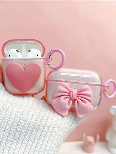 Estuche protector con Bluetooth para auriculares con decoración de corazón con brillo y correa rosa