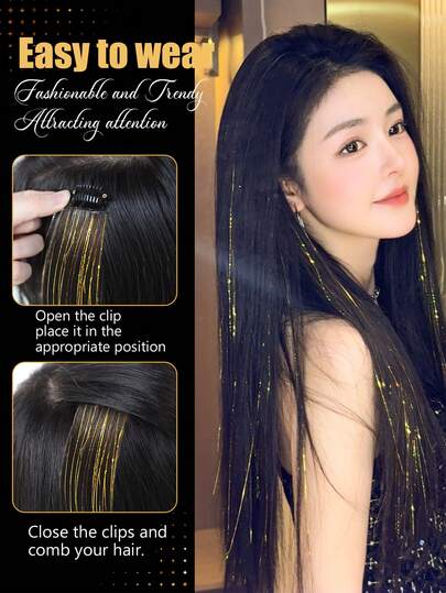 1 kẹp tóc kim tuyến dài 24 inch, tóc giả thẳng, chịu nhiệt, lấp lánh, phụ kiện tóc cổ tích dành cho nữ (Bạc vàng)