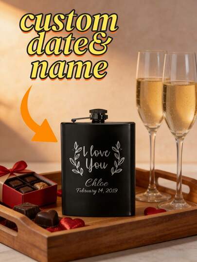 1pc Custom Valentine's Day Metal Hip Flask With Personalized Text, Custom Text For A Stylish And Practical Romantic Gift