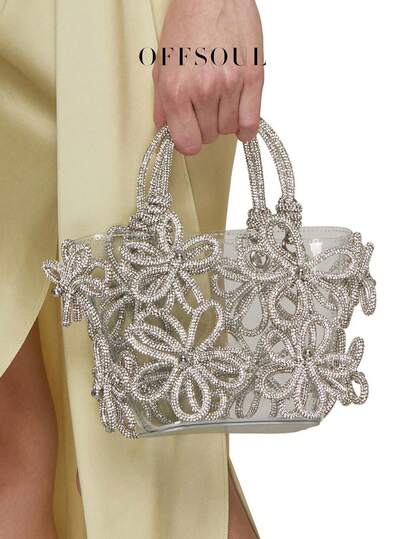 Rhinestone 3D Flower Basket Tote Bag For Women, New Fashion Transparent Jelly Beach Handbag, Party/Event Clutch