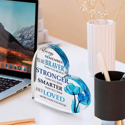 Inspirational Acrylic Heart With Blue Flower - Perfect Motivational Gift For Men & Women, Ideal For Home Office Desk Decor, Best Friends & Colleague Farewell