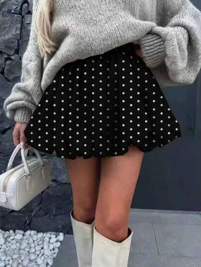 Solstice Apparel Bubble Pleated High Waist A-Line Mini Skirt | White & Black Polka Dot Satin Fabric | Versatile For Commute, Daily Wear, Date | Spring/Summer, Valentine's Day Outfit