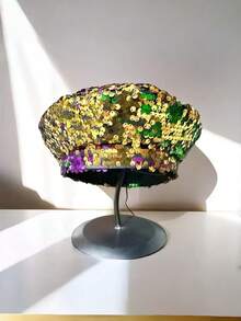 1pc Shiny Sequin French Beret, Made Of Polyester Fiber, Suitable For Carnival, New Year, Valentine's Day, Parade, Bar, Y2K Style, Party, Music Festival, St. Patrick's Day, Winter Wear - Multicolor - View 4
