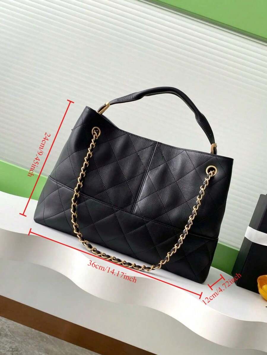Jet Black Quilted Leather Tote Bag With Gold Chain Strap, Large Capacity Designer-Inspired Work Bag For Women, Versatile Shoulder & Crossbody Bag, Spacious Laptop Handbag - 黑色 - 查看 1