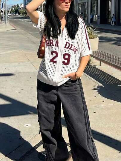 Women's New White Sport Crew Neck Hollow Number Jacquard Loose Zip Design Mid Sleeve Cardigan, Y2K Casual American Retro Fashion Comfortable Basic Street Gym Running Cycling Tops, Spring And Summer