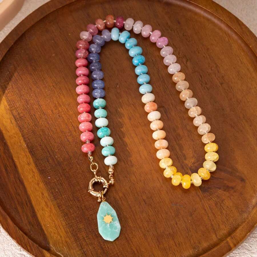 Collar con colgante de cuentas de cristal natural con efecto de agrietado, de colores brillantes, colgante intercambiable, adecuado como regalo del Día de San Valentín - Dorado - Ver 1