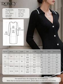 DONICY Women's Solid Color Collared Waist-Cinching Slim Fit Long Sleeve Sweater Pleated Dress, Suitable For Spring, Summer, Autumn, Winter - Black - View 4