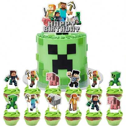 25pcs Minecraft Cake Decorations Suitable For Holiday Decorations, Birthday Parties, Bachelor Parties, And Minecraft Themed Cakes. Children's Birthday Cake Decorative Inserts, Dessert Table Card Inserts.