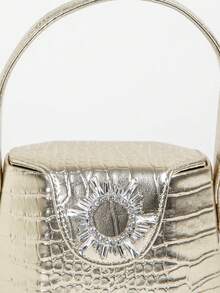 Luxury Gold Crocodile Pattern Mini Handbag With Rhinestone Buckle And Detachable Chain Crossbody Bag,Women's Metallic Gold Crocodile Embossed Mini Top Handle Bag With Rhinestone Accent And Detachable Crossbody Chain,Fashion Gold Crocodile Print Mini Purse With Sparkly Rhinestone Buckle For Party Daily Use - Gold - View 3