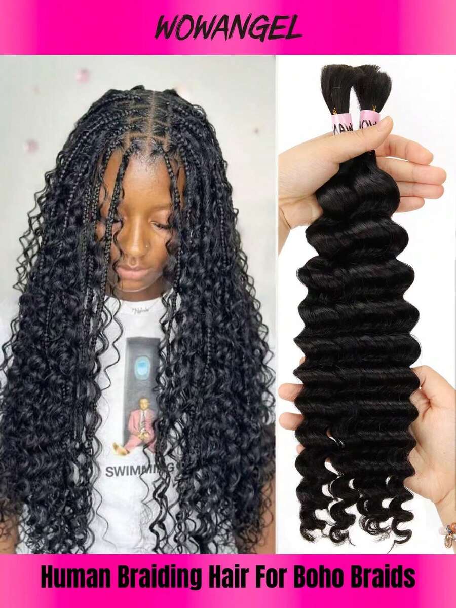 WOWANGEL 1 Paket Rambut Ekstensi Kepang Bohemian 16-24 Inci 90g, Rambut Kepang Bohemian Gelombang Dalam, 2 Paket - S1 - View 1