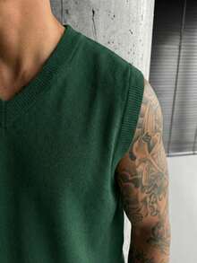 GRDR Chaleco de punto de hombre de estilo casual y versátil para uso diario, de color gris claro sólido, de cuello en V sin mangas, de tejido de punto y corte slim - Verde - Ver 5