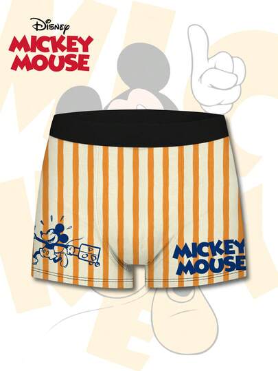 Disney Men's Orange Striped Cartoon Print Boxer Briefs, Daily Casual Wear Essential Underwear For Men