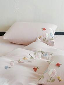 一套三件白色花卉植物刺绣床上用品，包括1个被套和2个枕套，超柔软透气时尚被套 - 淺粉色 - 查看 7