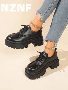 NZNF 1双纯色学院风休闲PU皮系带乐福鞋，棕色，厚底，适合所有季节 - 黑色 - 查看 1