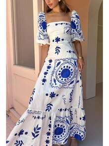 Neutral, Chic, Flowy, Polished, Fresh, Cotton, Everyday. Spring Summer. Event, Street.  Bohemian Dress: Puff Sleeve Maxi Fashion - Màu xanh lam - Xem 2