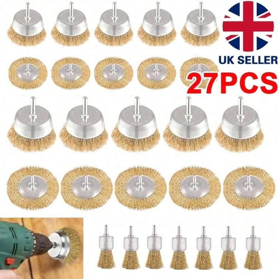 27PCS Rotary Wire Brush Cleaning Wheel Cup Brush Drill Attachment Bit Set Tool - Gold - View 1
