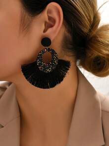 1对波西米亚风耳环，欧美时尚创意手工扇形流苏吊坠耳环，女士款 - 亮片流蘇耳環 - 查看 6