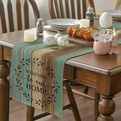 1pc, Casual Style, Faux Wood Grain Material, "Welcome To Our Home" Printed Pattern, Available In Multiple Sizes, Suitable For Home Dining, Kitchen Decor, Home Decor, Outdoor Parties And Restaurant Decoration, Textured Linen Appearance