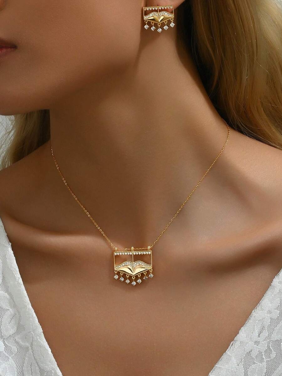 Bộ 3 món trang sức mặt dây chuyền hình học kiểu Pháp thanh lịch, mạ vàng, đính đá Zirconia, thích hợp cho đám cưới, sinh nhật và tiệc tùng của phụ nữ. - Vàng - Xem 1