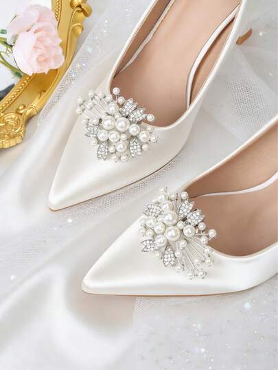 2pcs Detachable Shoe Decorations, Faux Crystal Pearl White Metal Wing Shaped Removable DIY Shoe Clips, Fashion Elegant Accessories For High Heels, Pumps, Bags, Clothing In Black, White, Red