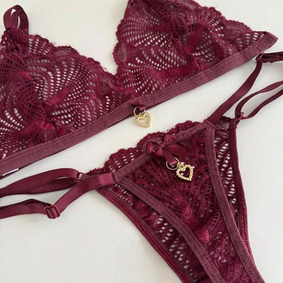 Sexy Backless Thong Set With Pendant Detail - 酒紅色 - 查看 1