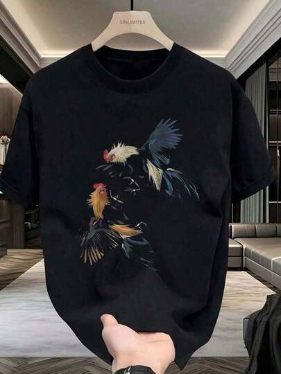 Camiseta de manga corta con estampado de gallos y flores para uso diario en interiores y exteriores XD4O