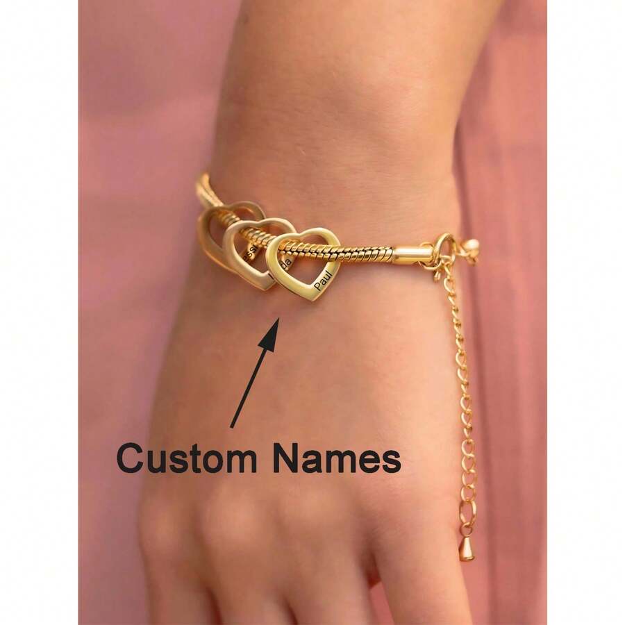 Customized Multi-Name Heart-Shaped Bracelet, Personalized Engraved Bracelet, Can Engrave 1-5 Names, DIY Couples Name Jewelry, Family Name Bracelet, Minimalist Bracelet, Silver/Gold Heart-Shaped Bracelet, Valentine's Day Gift Bracelet - Multicolor - View 1