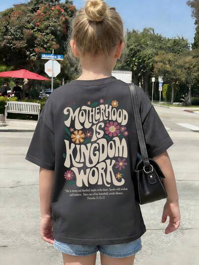 1pc Girls Casual Floral & English Letter Print Round Neck Short Sleeve T-Shirt, Summer Student Young Clothing