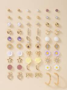 30 Pairs Women Metal Tree, Shell, Pearl, Heart Shaped Earrings Set, Gift - Multicolor - View 1