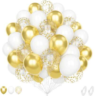 46 quả bóng bay màu vàng trắng, kích thước 10/12 inch, chất liệu latex, bóng bay kim tuyến màu vàng ánh kim và trắng mờ, thích hợp trang trí tiệc sinh nhật, lễ đính hôn, đám cưới, kỷ niệm, tiệc cô dâu, tiệc mừng em bé chào đời, lễ tốt nghiệp, tiệc tiết lộ giới tính cho phụ nữ.
