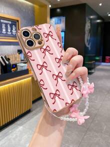 #畅销产品# 1个粉色电镀TPU条纹丝绸蝴蝶结设计防震全包手机壳，搭配1条粉色蝴蝶结仿珍珠腕带，时尚百搭创意全包手机壳，适用于安卓系统 - 彩色 - 查看 5