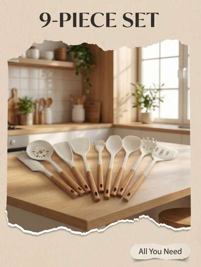1pc White Silicone Flat Soup Spoon, Soft And Non-Damaging To Cookware, Suitable For Serving Soup, Porridge And Rice. The Spoon Body Is Made Of Silicone Material With A Heat-Resistant Wooden Handle, And Has A Hanging Hole For Easy Storage, Designed Specifically For Light Cooking In The Daily Kitchen.