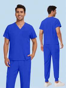 Blue Short Sleeve Medical Uniform Set, Doctor/Nurse Scrubs Outfit - Blue - View 5